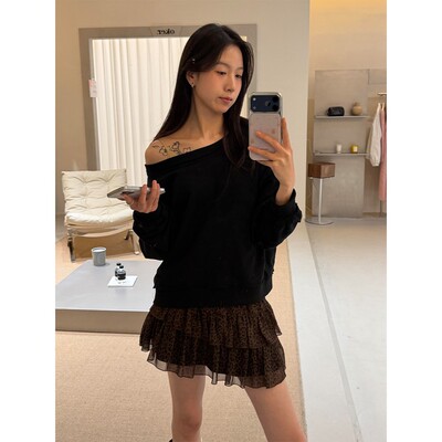 韩系有货早秋新款少女风露肩卫衣女蛋糕豹纹短裙小个子显瘦套装