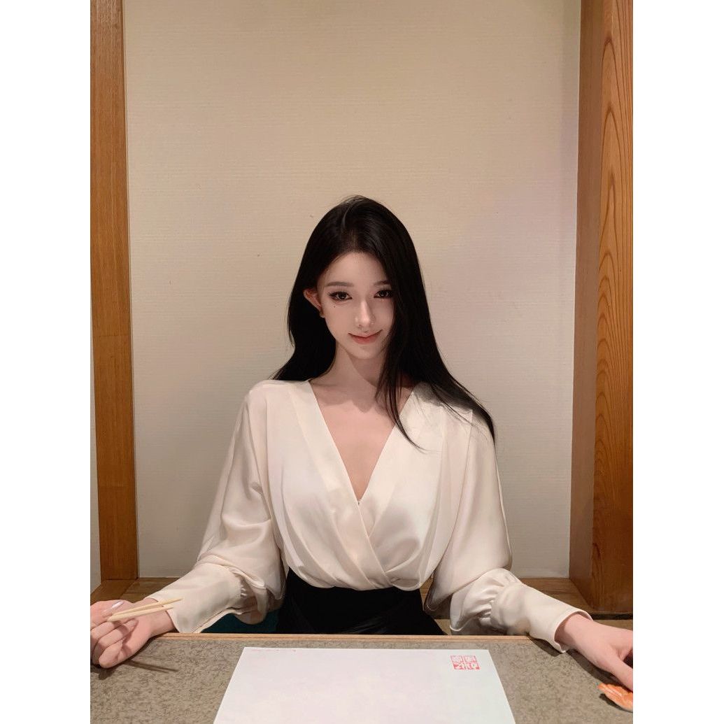 韩系设计感V领交叉撞色绑带气质衬衫显瘦宽松上衣黑色长裙套装秋