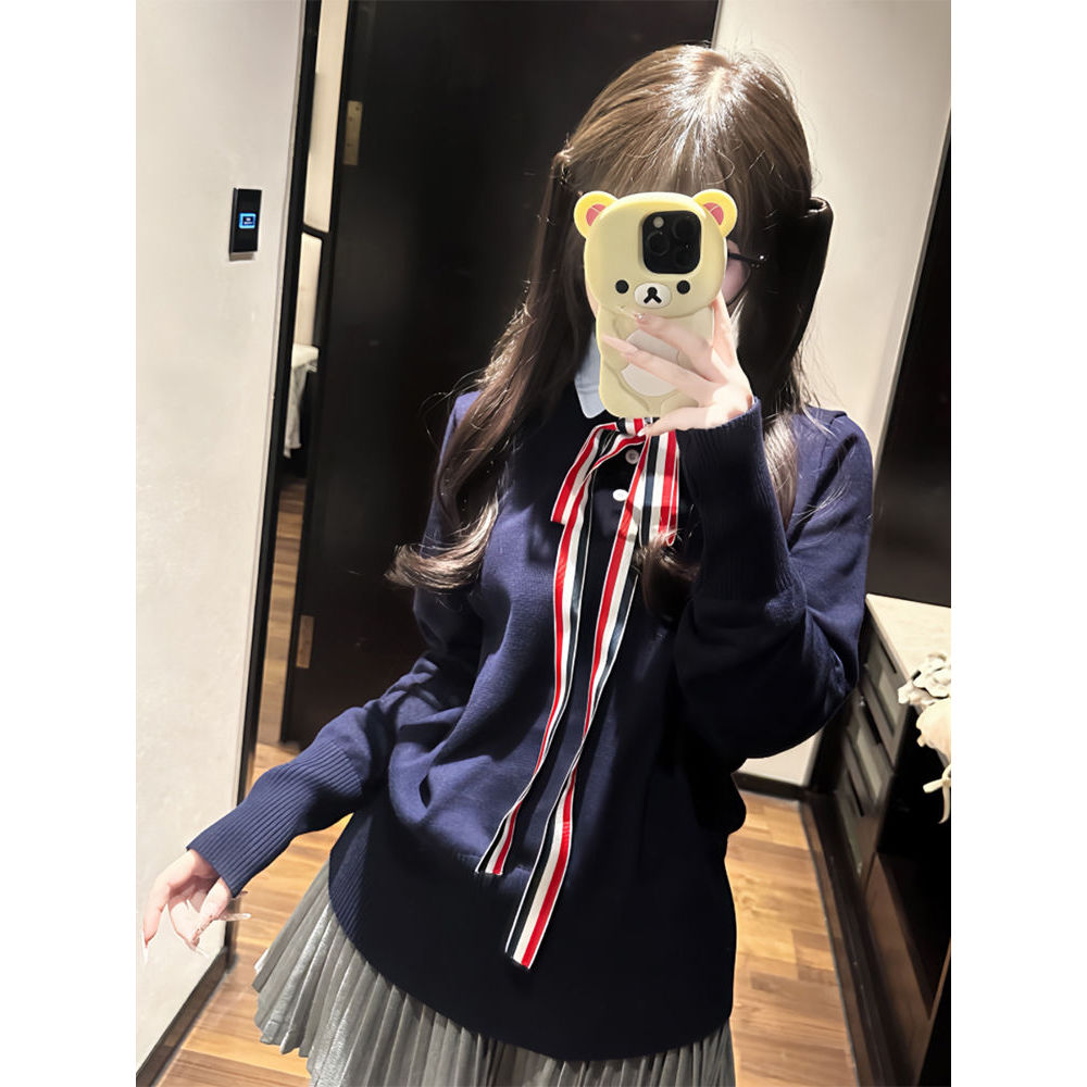 「洛斯顿章序」早春撞色针织毛衣tb风英伦学院风假两件上衣+半裙