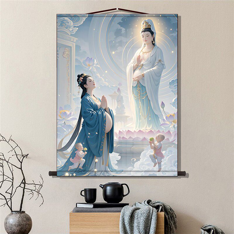 助孕求子观音送子图丝绸画像宝宝画男女客厅装饰挂画高清孕期挂画