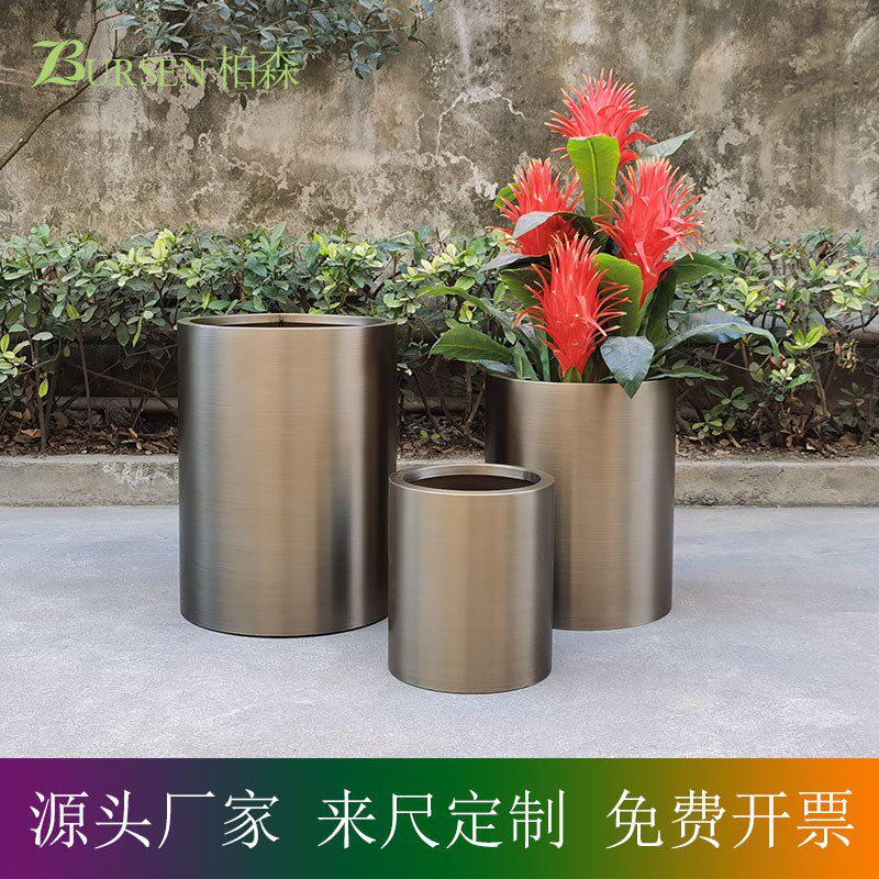 黄古铜圆筒 绿植套盆 仿真花艺 家居陈列桶 酒店花器 不锈钢圆柱