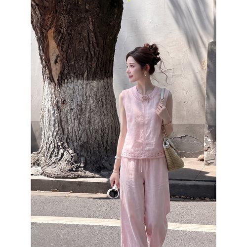 汉麻天丝上衣裤子套装女夏千金感
