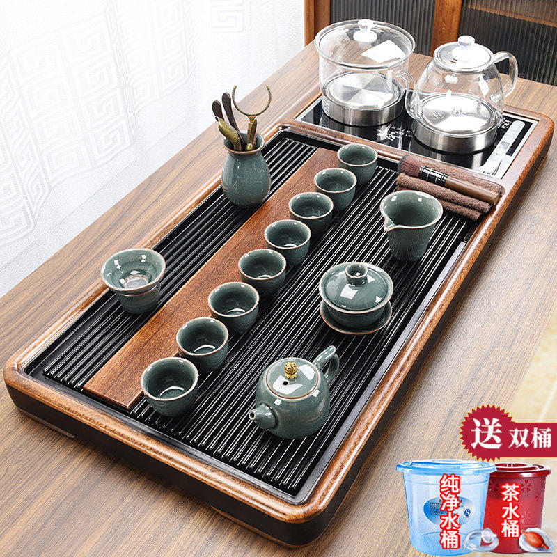 整板乌檀木电木实木茶盘茶具套装整套一体蓝光底上水高档泡茶台