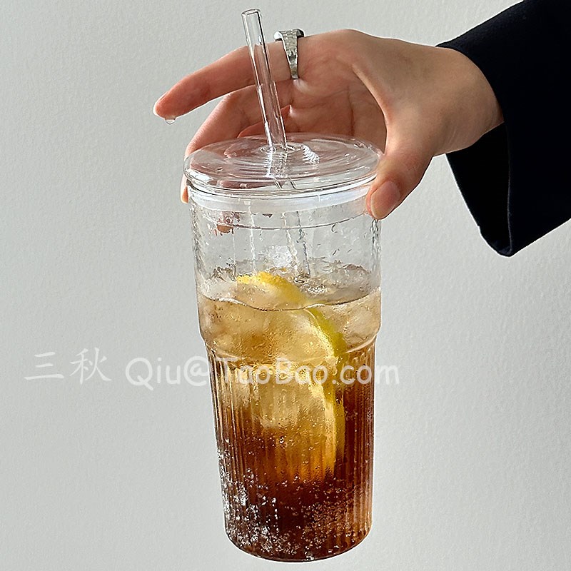 三秋Sanq复古耐热玻璃杯夏季带盖大容量喝水杯咖啡杯果汁杯饮品杯