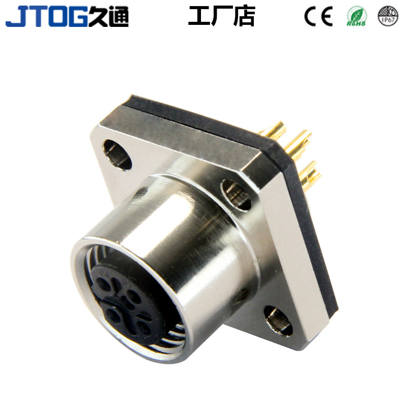 M12方形法兰座3 4 5 6 8 17芯防水连接器 面板安装耐高温航空插头
