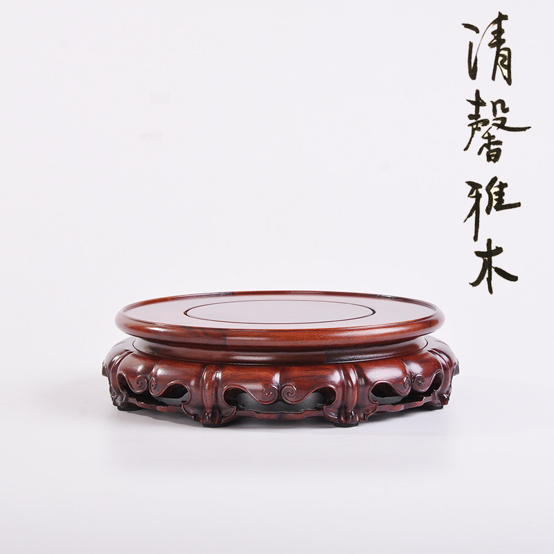 红木圆形花瓶茶壶底座奇石木雕摆件花道铜器摆件紫砂壶花盆景底座