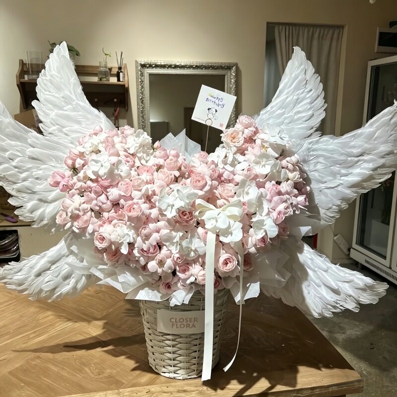 成品天使之翼仙女之吻翅膀永生花抱抱桶玫瑰花束七夕送女友生日礼