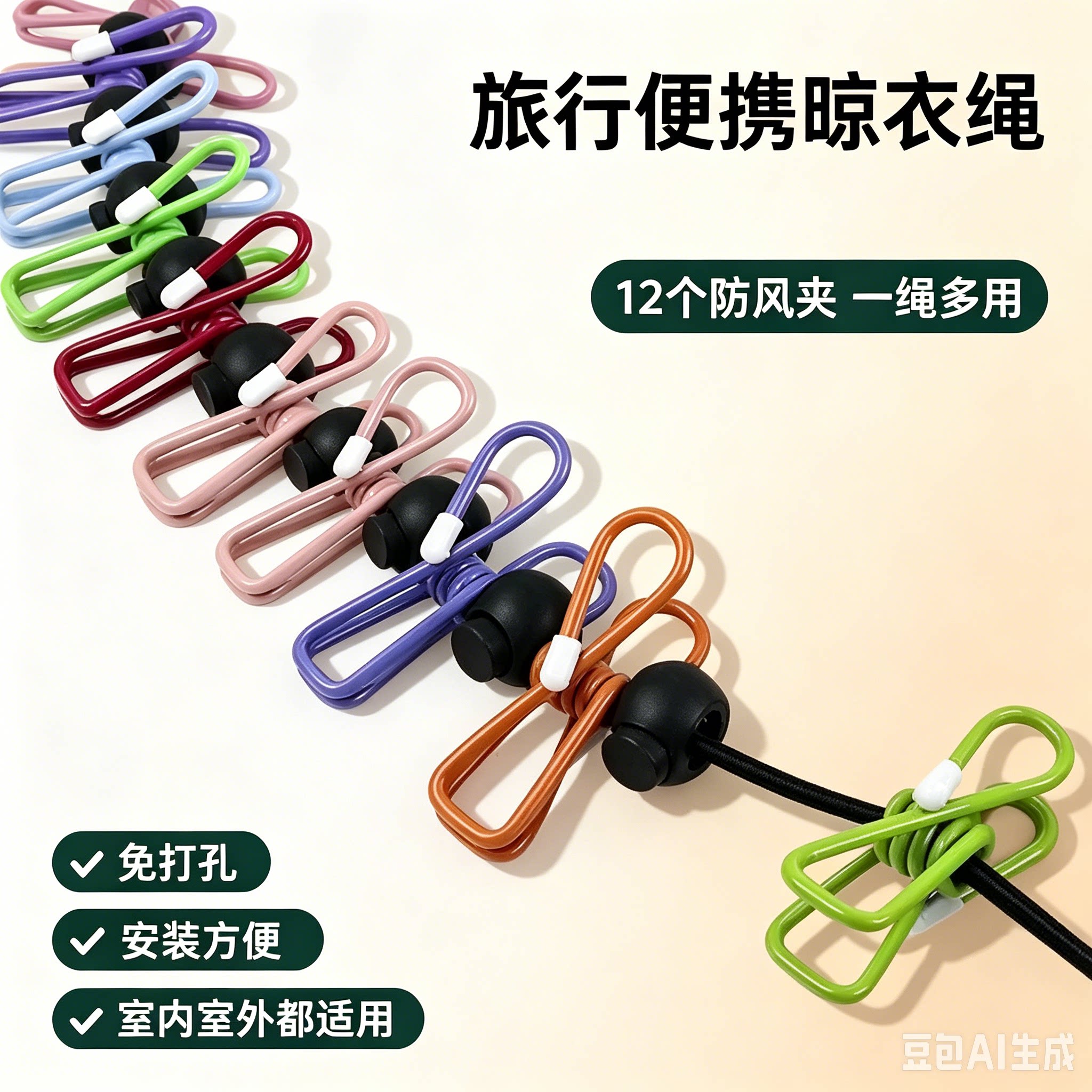 【爆款】户外带夹晾衣绳旅行便携可伸缩防风晒衣绳露营晾衣架JT二