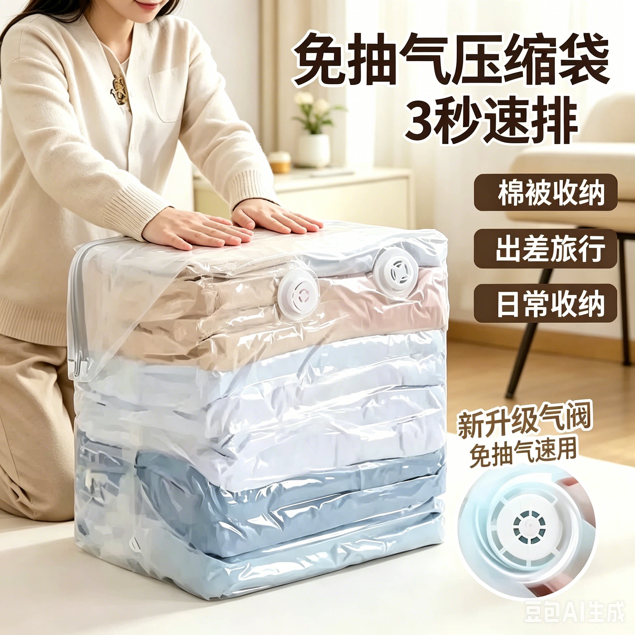 【拍1发8】免抽气立体收纳压缩袋抽压两用透明加厚棉被袋HQ④