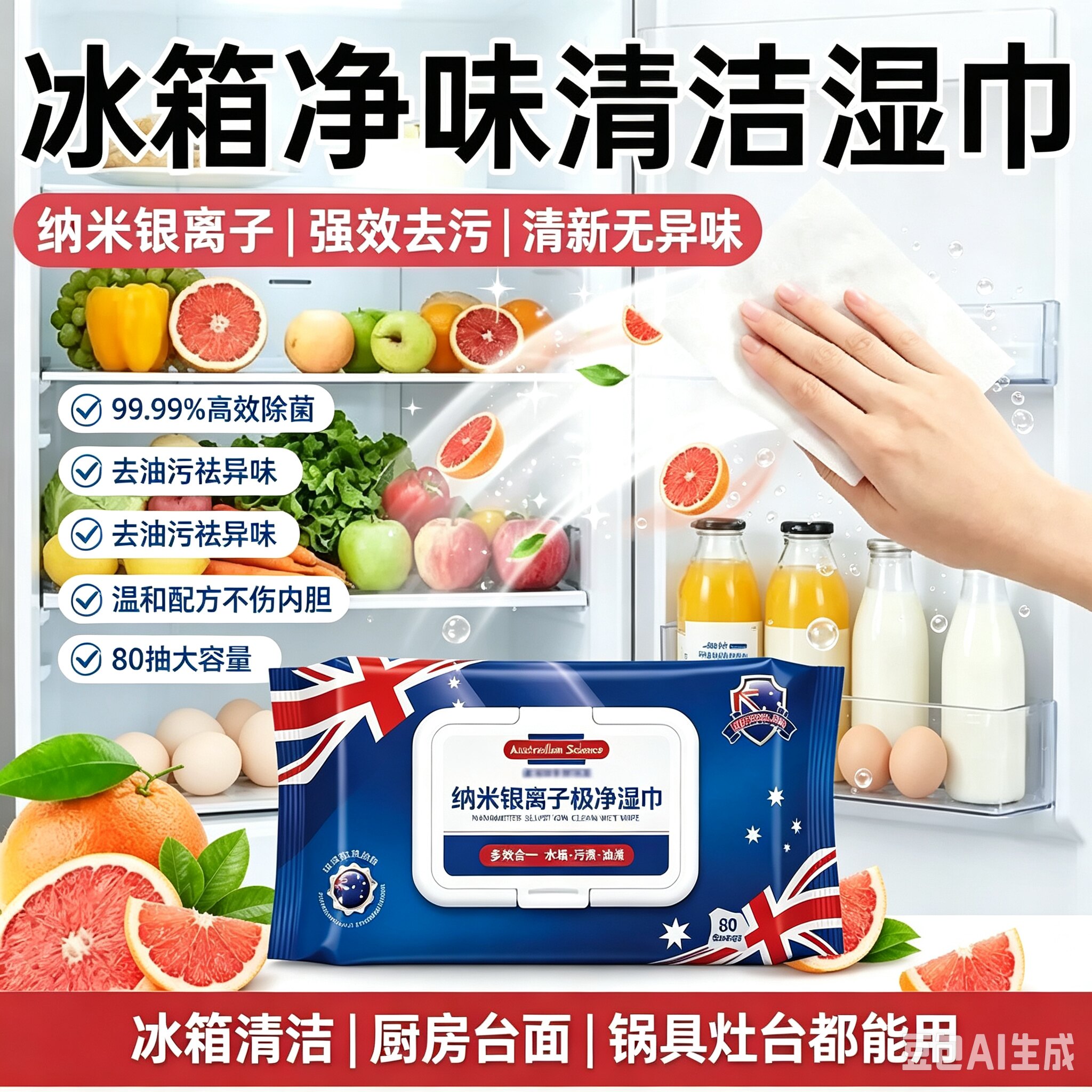 【到手3包】家庭冰箱清洁湿巾多用途厨房油烟机油污去水垢通用MD