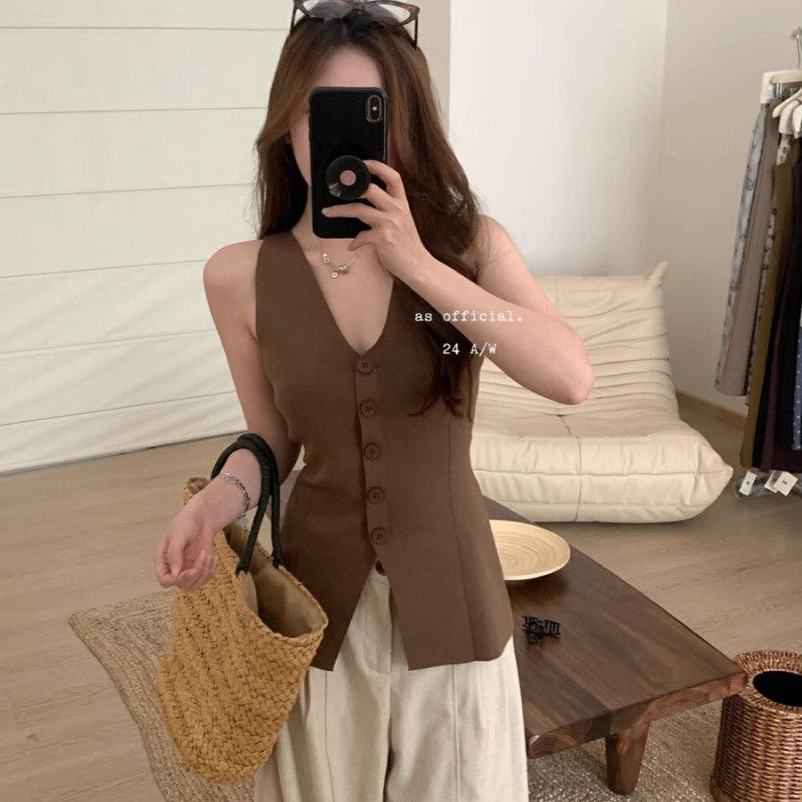 灰色V领冰丝褶皱针织背心女夏季外穿独特超好看无袖背心马甲上衣