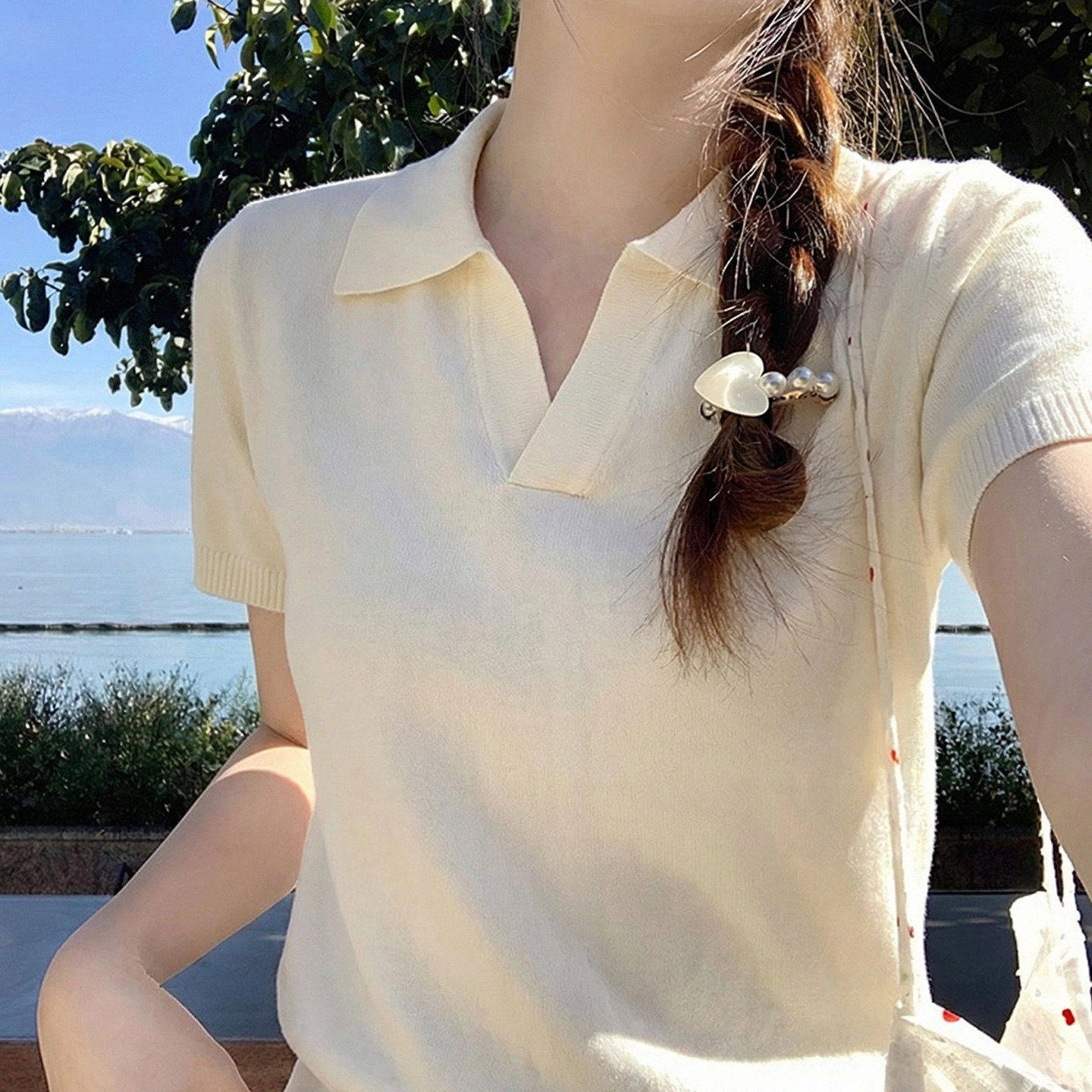 韩系白色正肩polo衫女夏