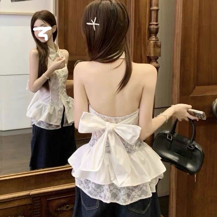 法式白色无袖挂脖衬衫女