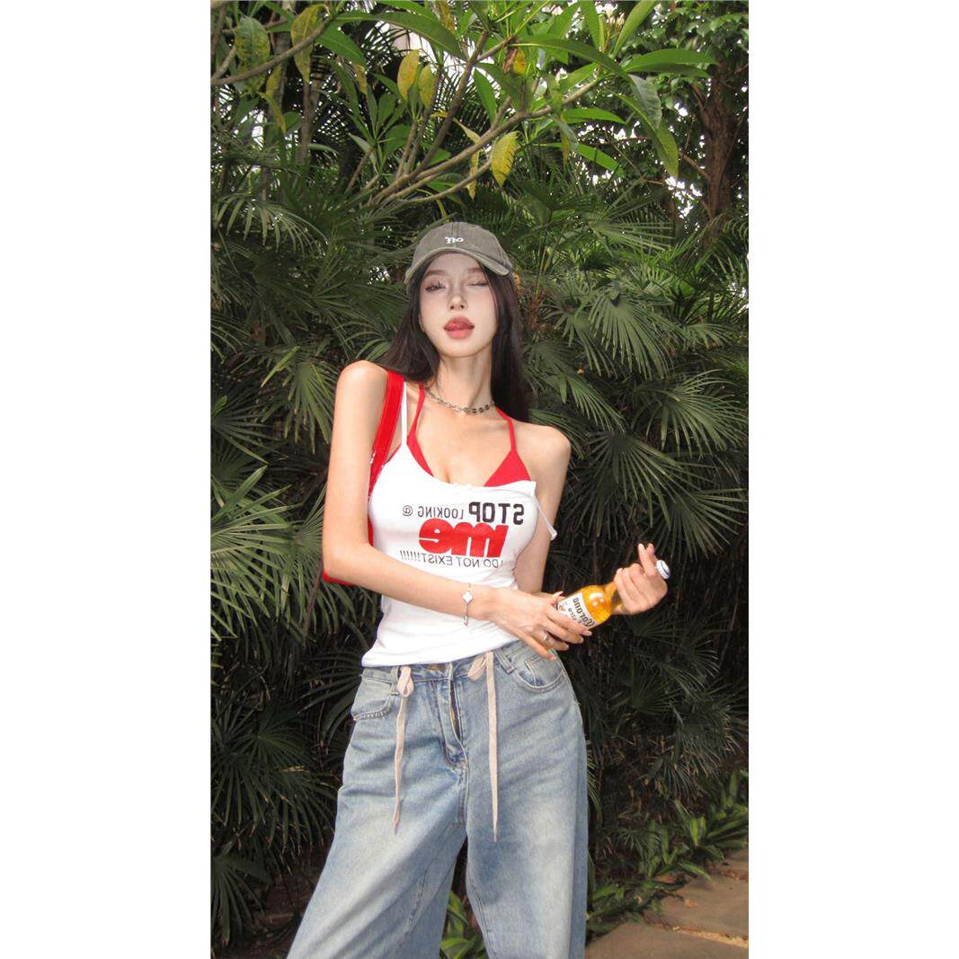 美式辣妹白色欧美印花背心小吊带女夏季复古无袖内搭短款上衣外穿