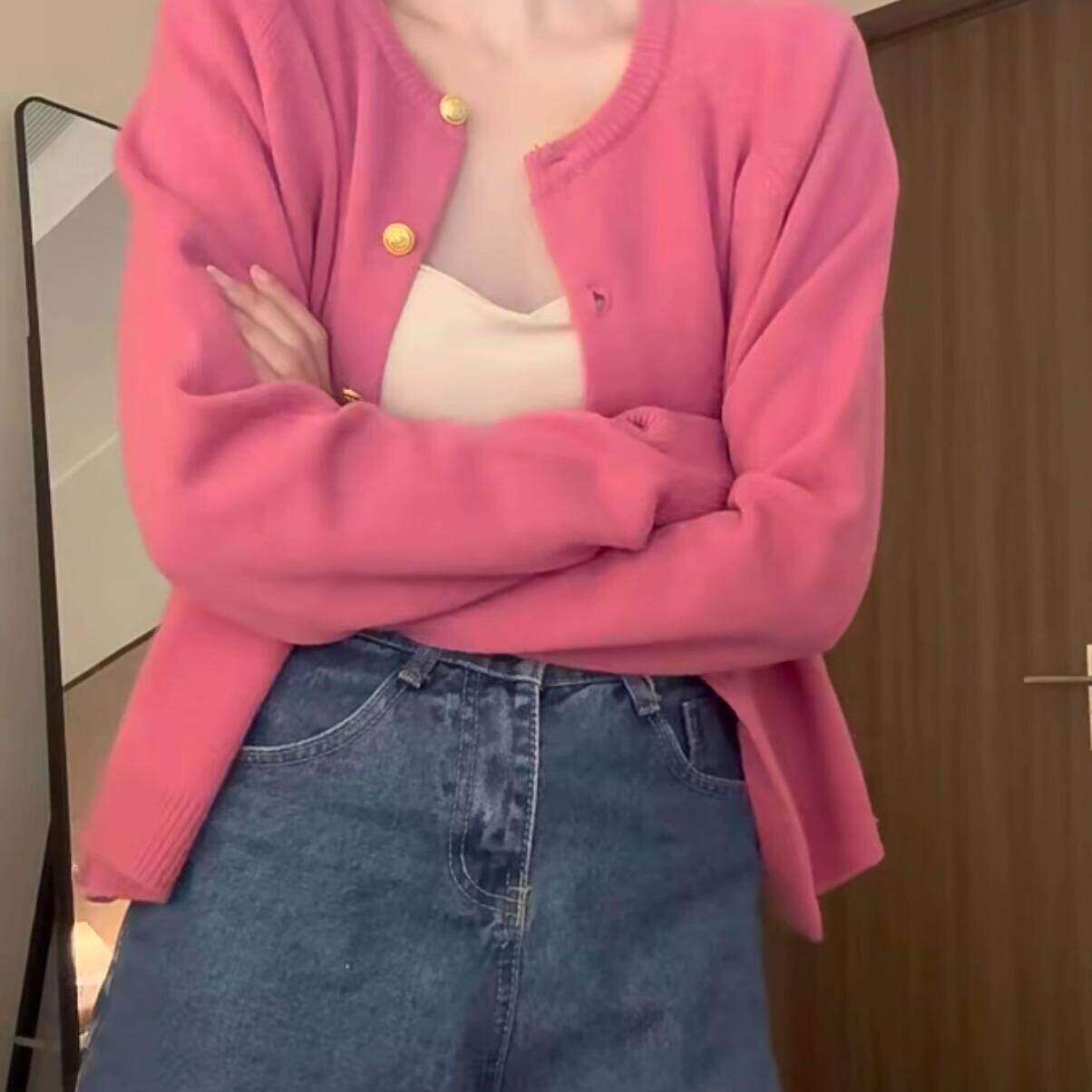 小众慵懒风玫红色针织开