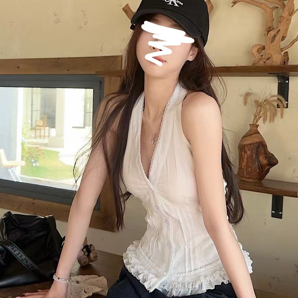 法式复古蕾丝白色吊带背