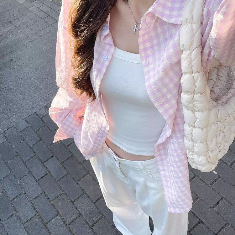 粉色格子衬衫女春夏2026