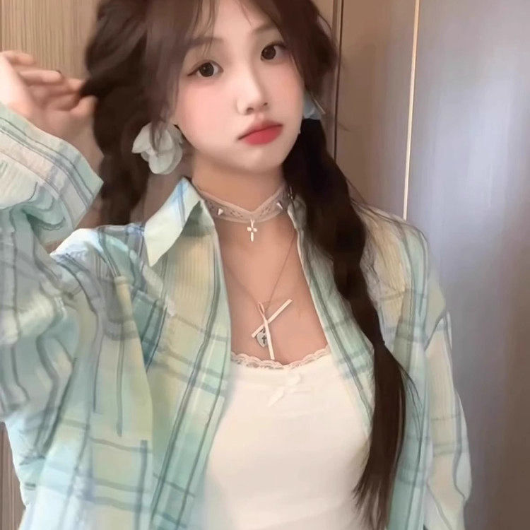 薄荷绿格子衬衫外套女202