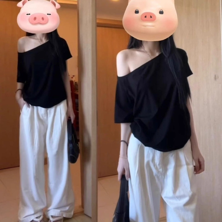 张婧仪同款黑色一字肩短
