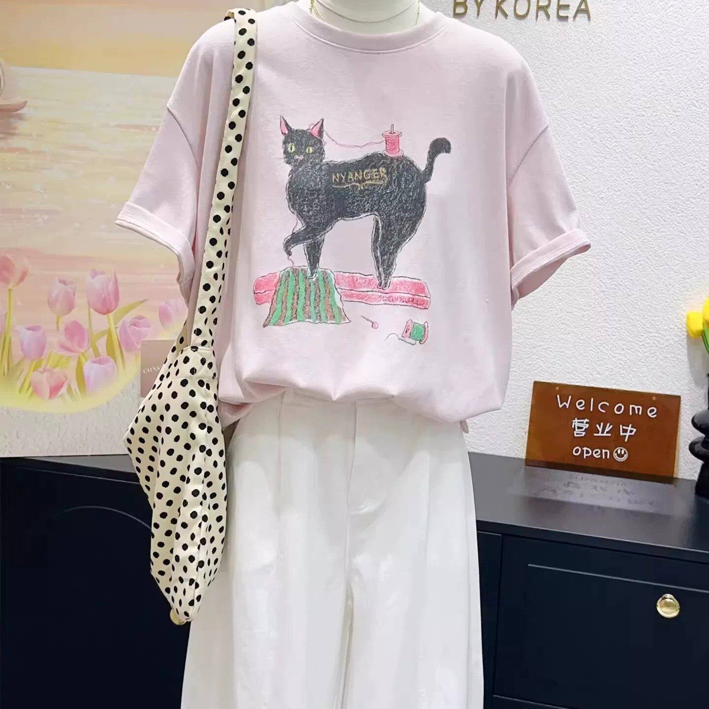 韩版卡通猫咪印花圆领短
