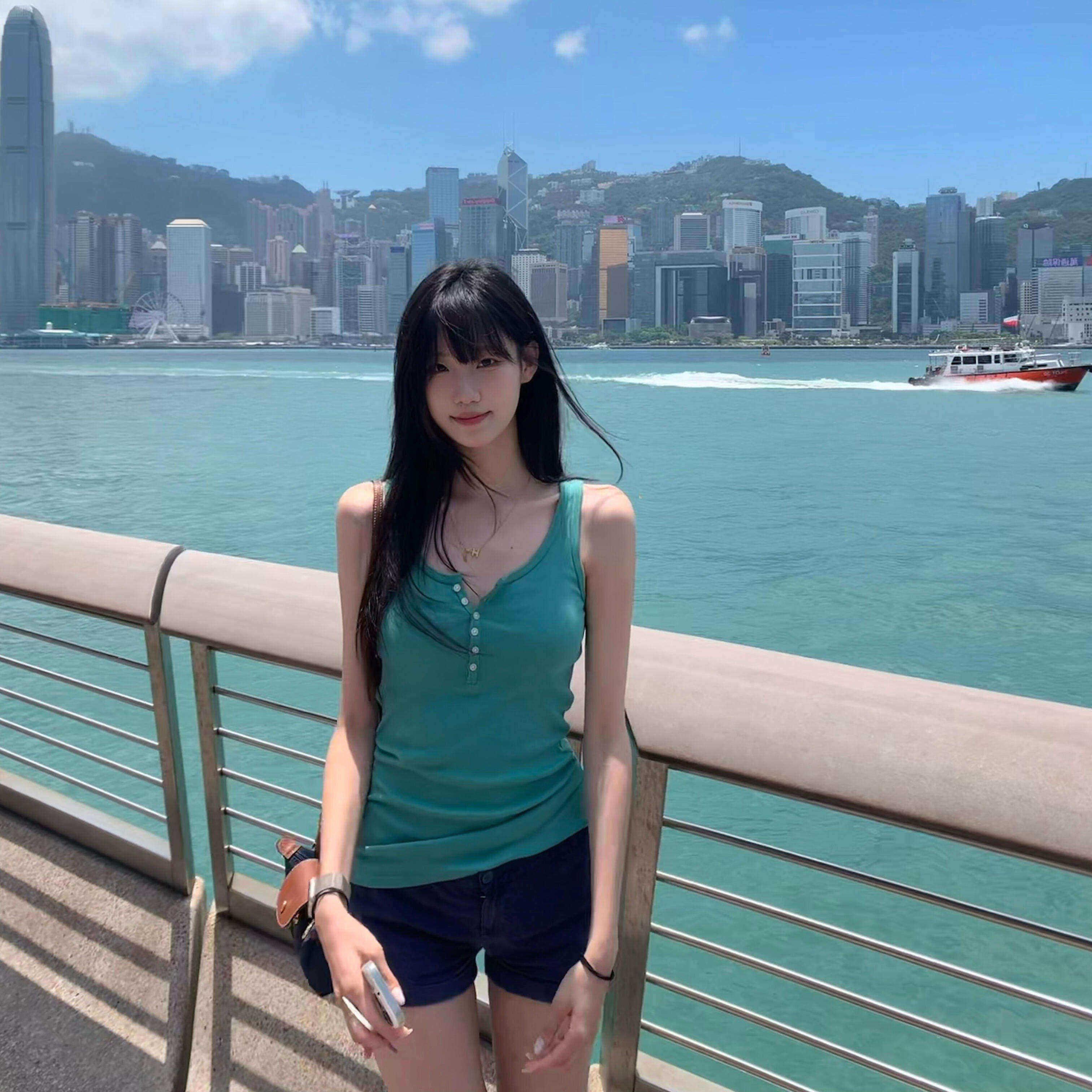 韩系亨利领绿色内搭吊带背心女夏季工字外穿绝美无袖无胸垫小上衣