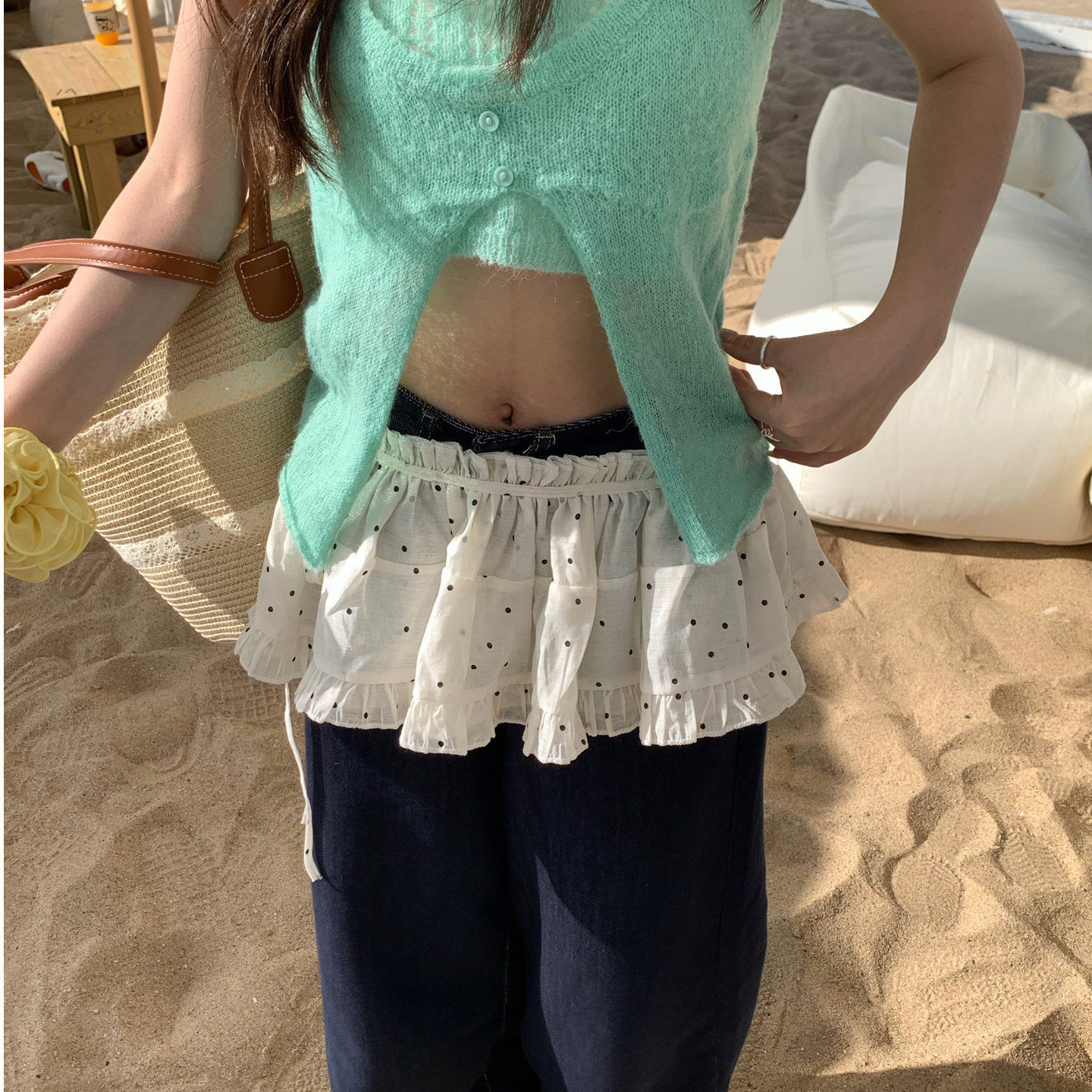 奶油风波点屁帘蕾丝半身
