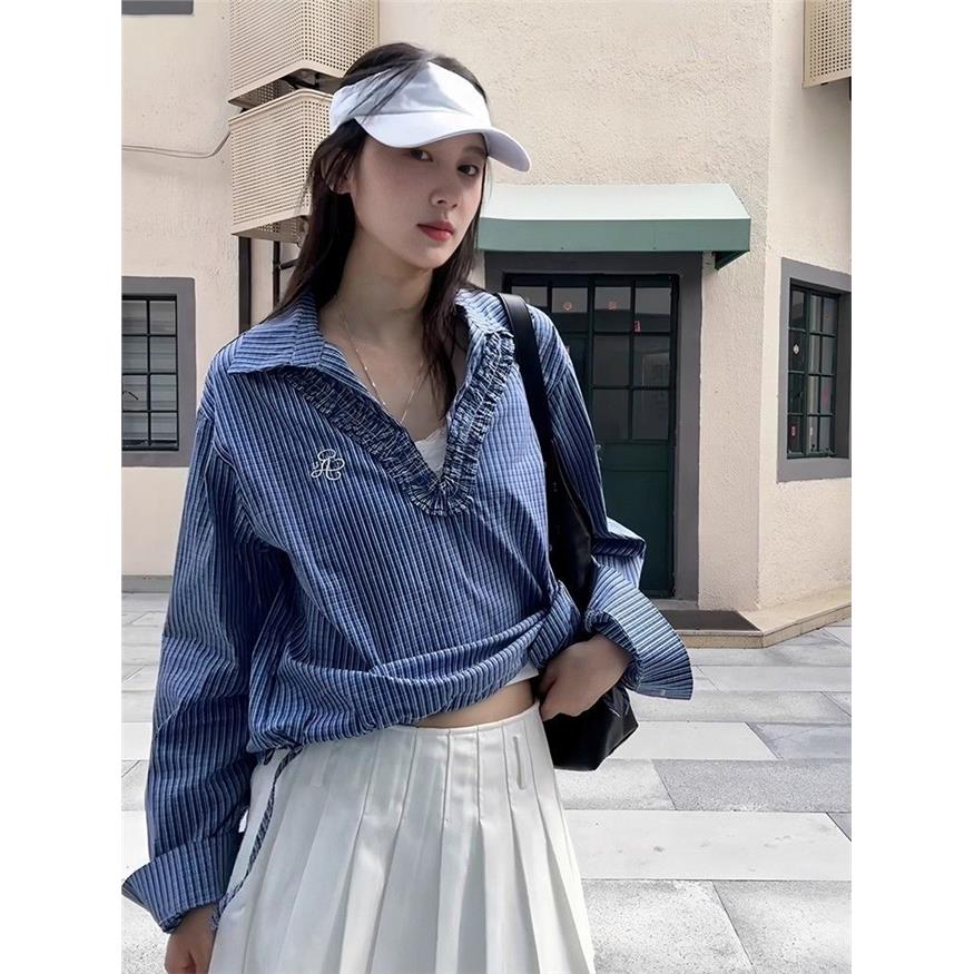 韩系v领格子衬衫女春夏季