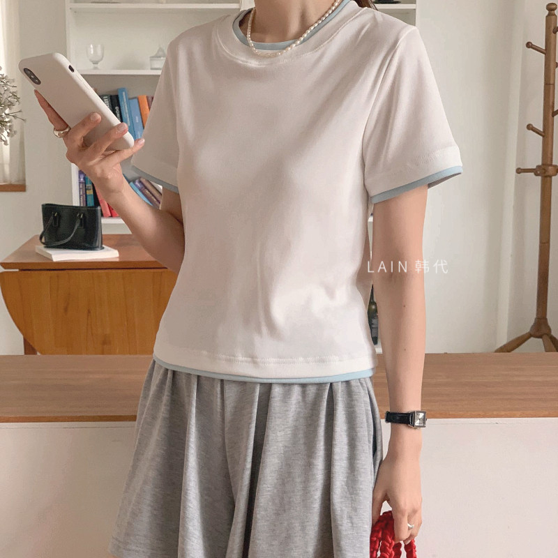 包邮韩国东大门韩代撞色T恤女基础款夏季短款修身圆领短袖上衣