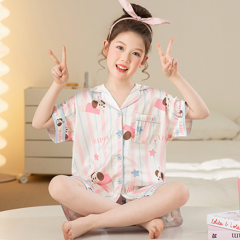 女童睡衣2025新款夏季款冰丝薄款短袖儿童套装女孩夏天宝宝家居服