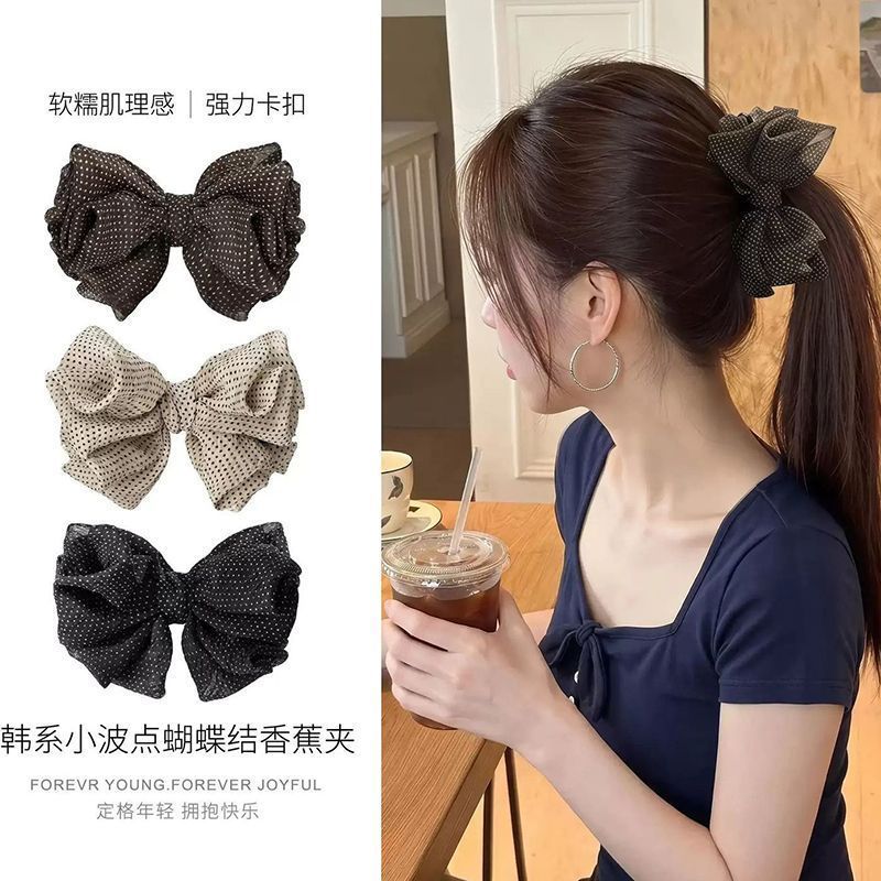 韩版雪纺波点蝴蝶结香蕉夹抓夹女气质蓬松马尾夹后脑勺竖夹发饰