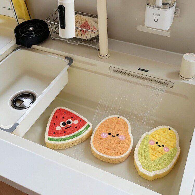 可爱水果造型木浆海绵洗碗布加厚吸油不挂油厨房清洁挂式Y