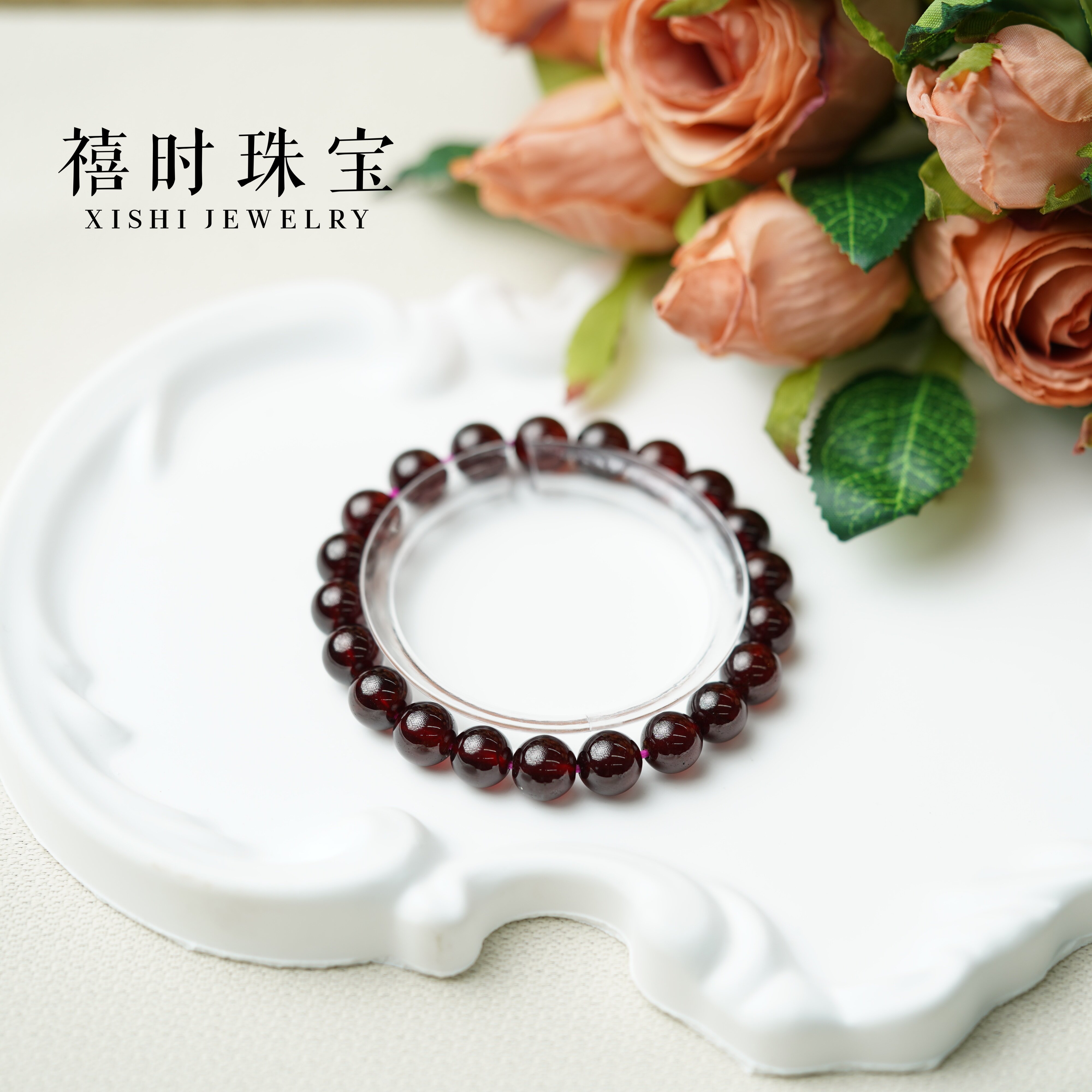 浓郁酒红石榴石多圈手串 天然净体石榴石送妈妈女友生日水晶手饰