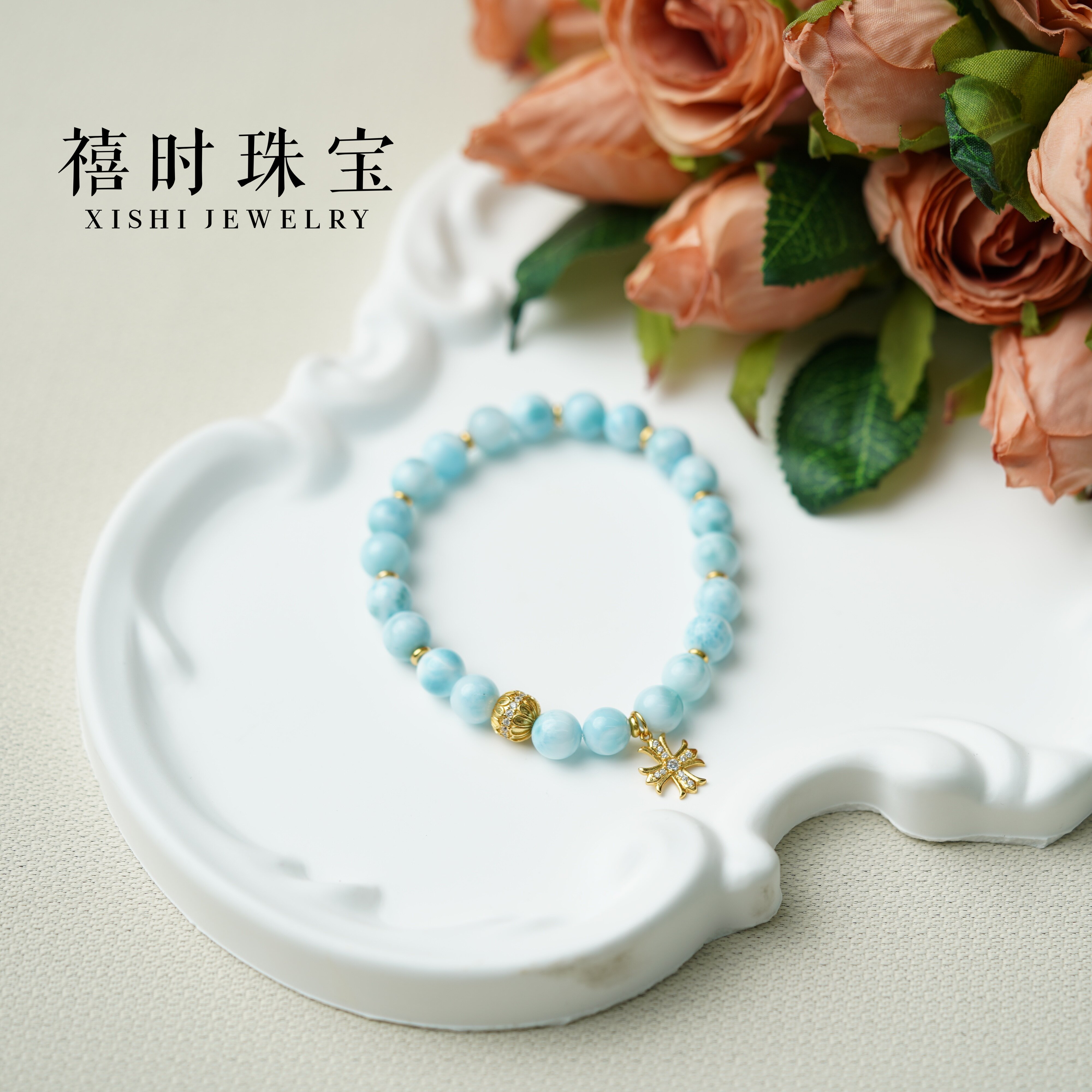 天然海纹石十字架纯银镶手串