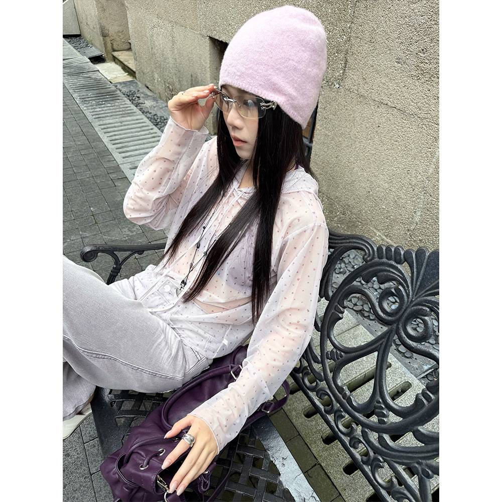 [9hour]波点网纱连帽罩衫女透视长袖上衣宽松叠穿薄衫帽衫C2185