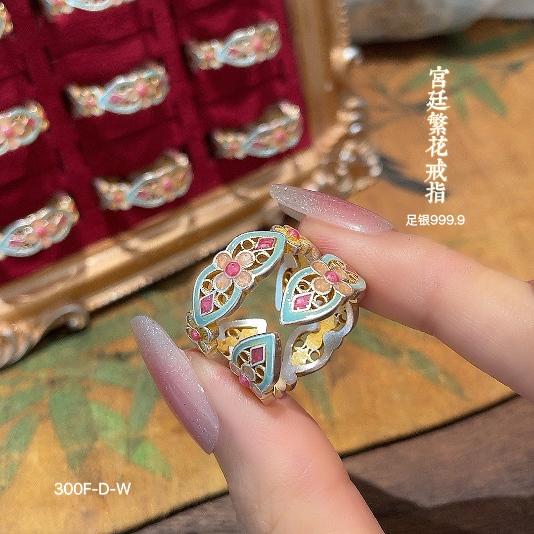 足银9999珐琅彩镂空开口戒指图片