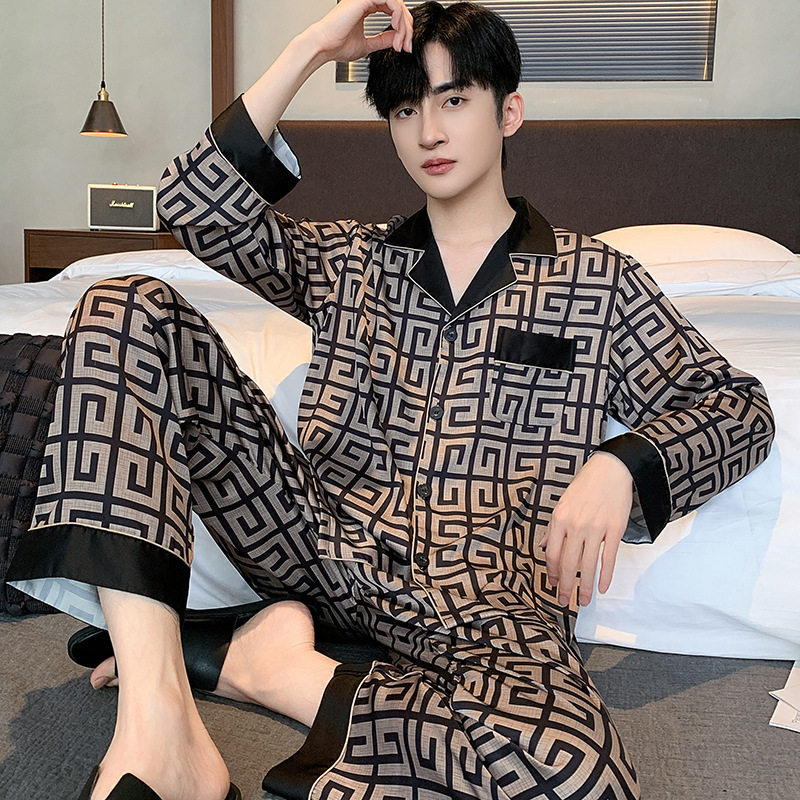 睡衣男长袖冰丝春秋款夏季男士缎睡袍/浴袍