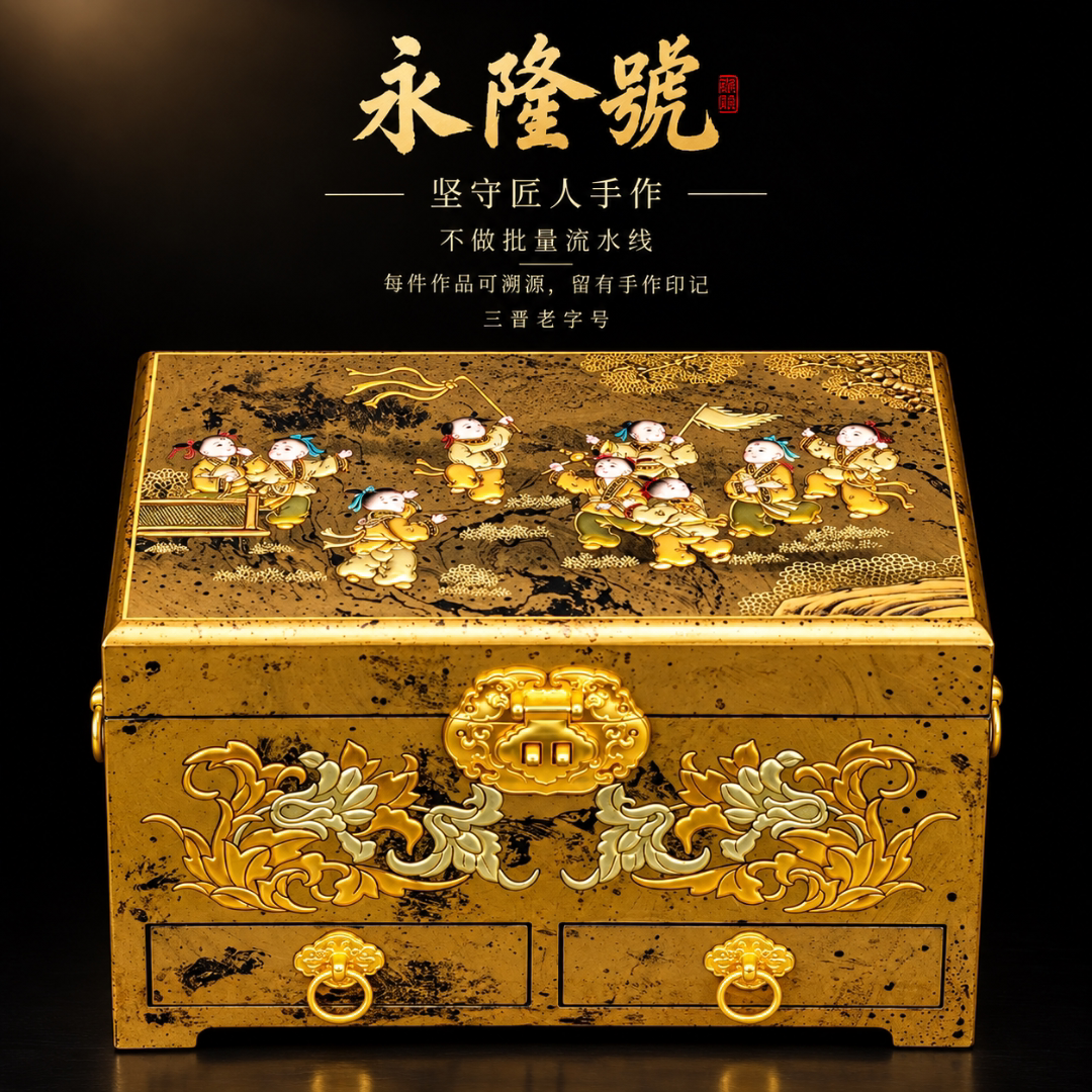 永隆号平遥推光漆器金变九子柜平遥推光漆器首饰柜28cm