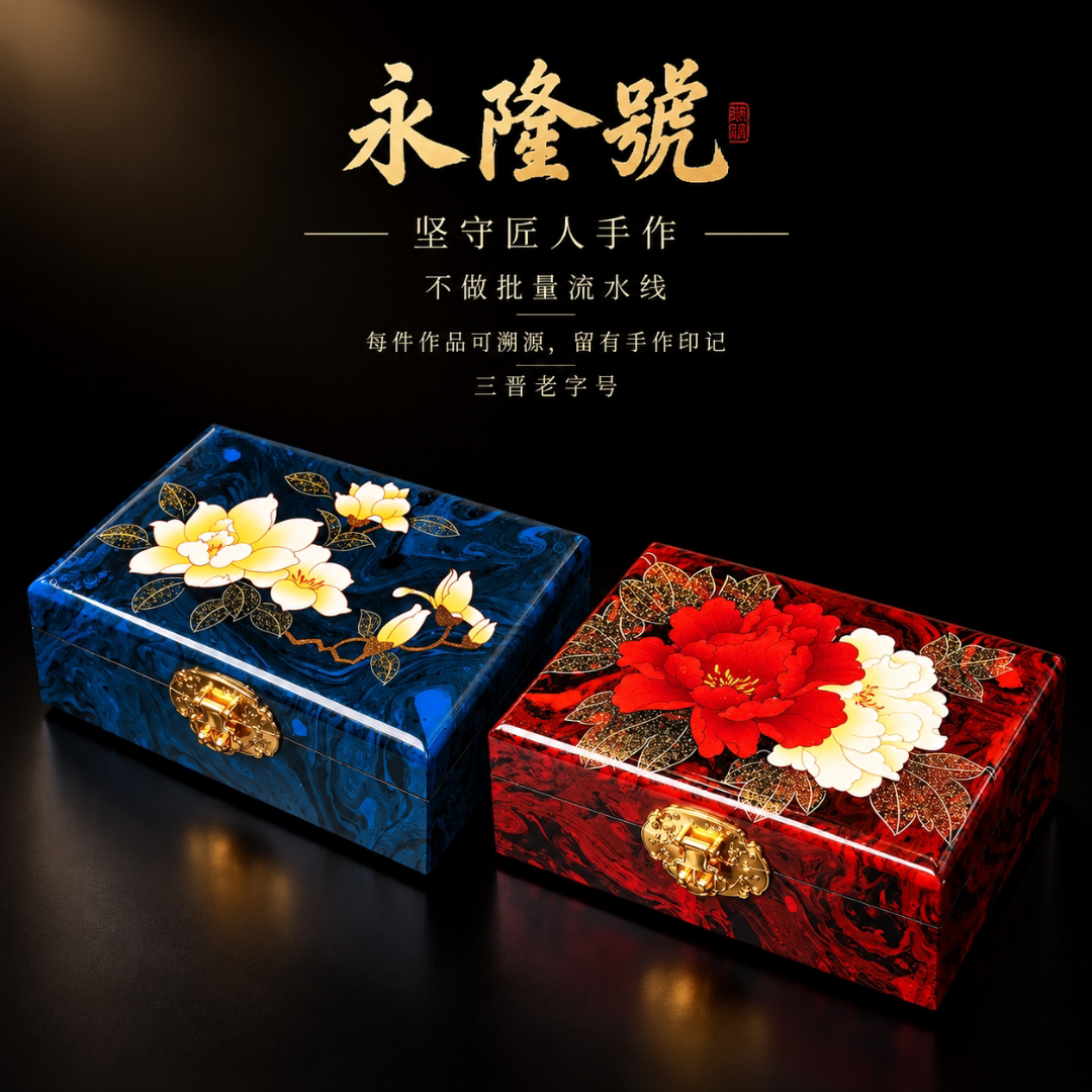 永隆号平遥推光漆器平面首饰盒新中式首饰盒非遗产品19cm