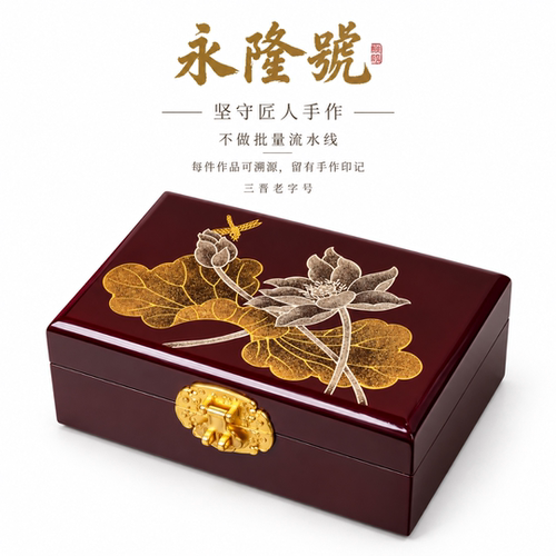 永隆号平遥推光漆器紫红沥金银荷花盒新中式首饰盒19cm