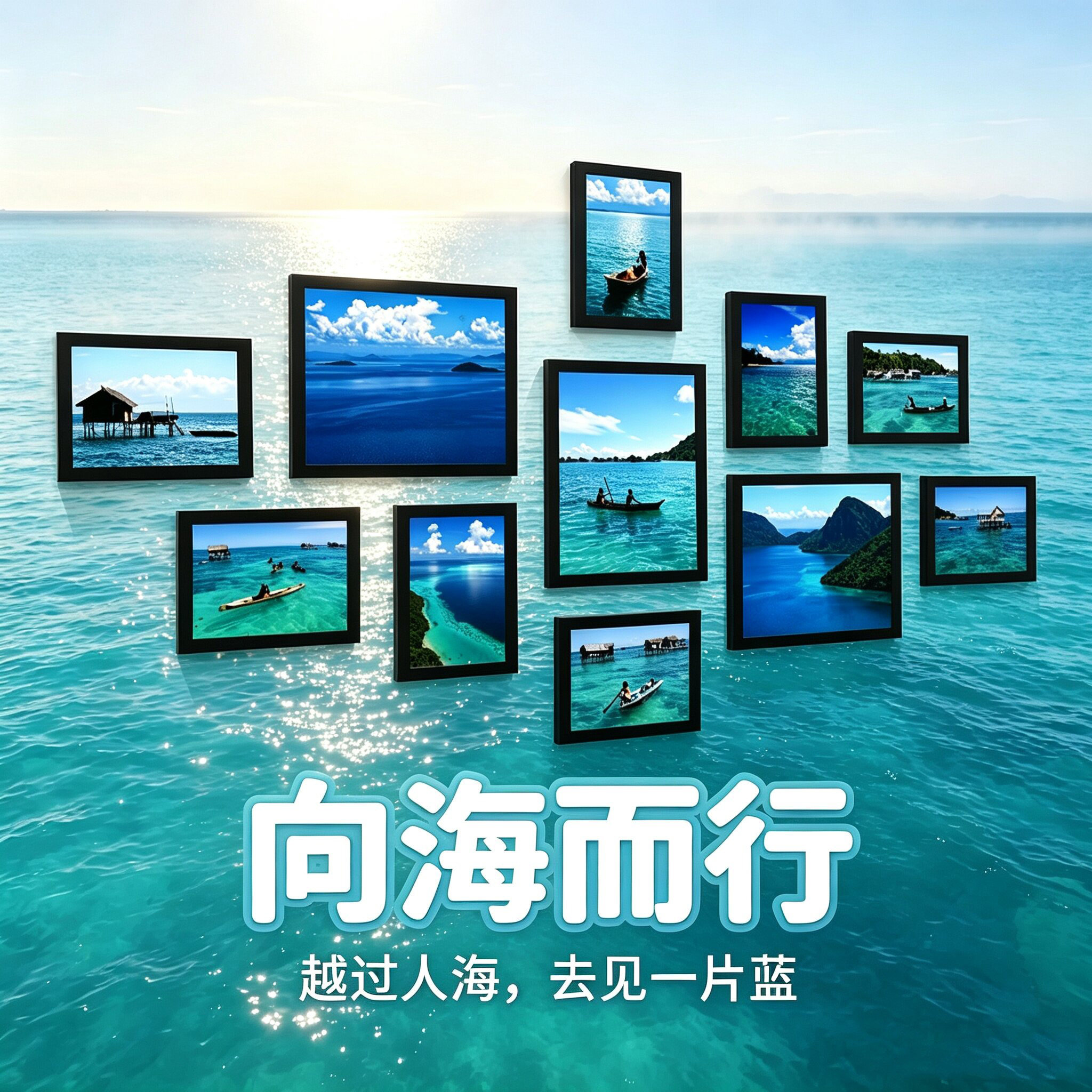 热带海岛渔村风光治愈系相框挂画