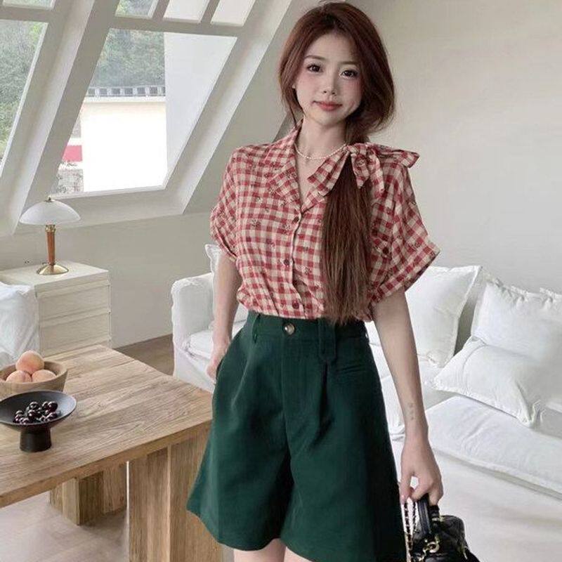 港味复古短袖红色格子衬衫女夏季新款设计感小众衬衣甜美别致上衣