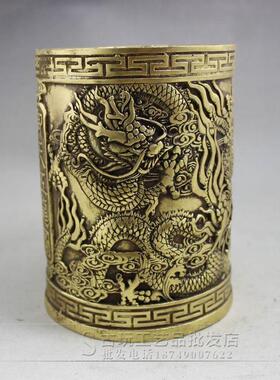 古玩收藏铜器工艺品黄铜雕刻御天五龙头文房四宝笔筒摆件