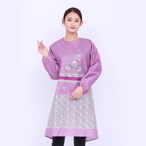 长袖围裙女桃皮绒围腰厨房工作服反穿衣成人时尚卡通罩衣厨房围裙