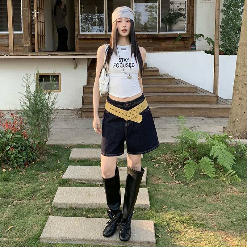 现货批发防色复古原牛牛仔短裤女宽松直筒显瘦休闲蓝色阔腿五分