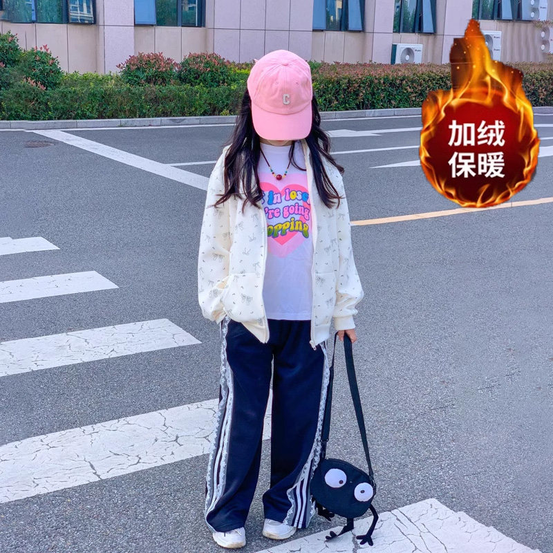 NIFFLE GIRLS JACKET 2024 새로운 가을 어린이 꽃 탑 소녀 후드 스포츠 카디건 스웨터 봄과 가을