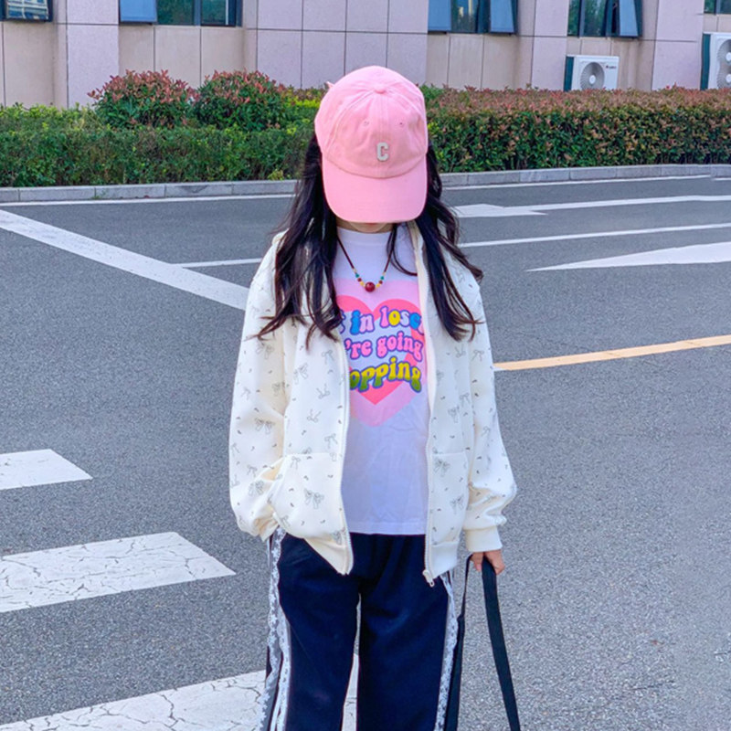 NIFFLE GIRLS JACKET 2024 새로운 가을 어린이 꽃 탑 소녀 후드 스포츠 카디건 스웨터 봄과 가을
