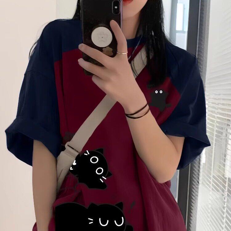 撞色插肩短袖t恤女大童夏
