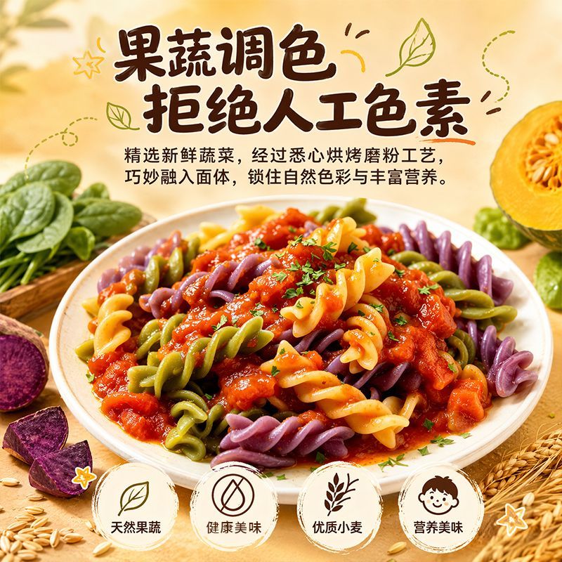 果蔬调色意大利面彩色螺旋面无人工色素健康营养儿童健康辅食面条