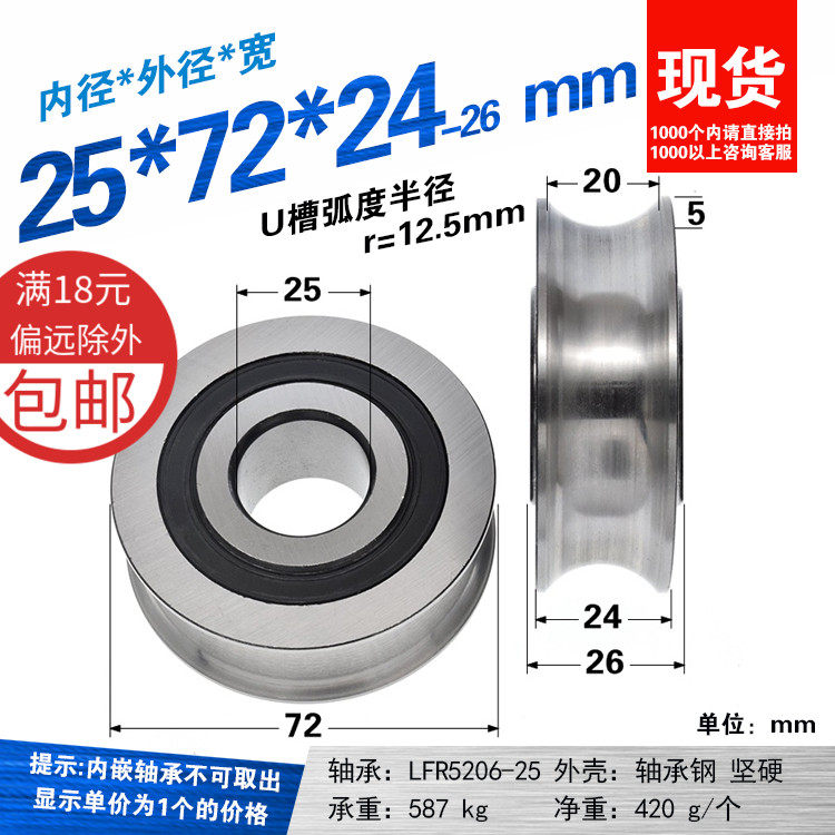 U槽轮凹槽非标轴承滑轮走20mm 25mm直径轨道金属滚动滑轮25*72*24