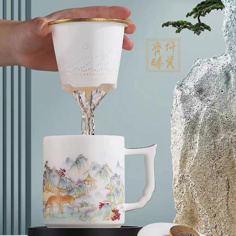 羊脂玉白瓷茶杯办公杯茶水分离陶瓷水杯大容量带盖杯子马克杯